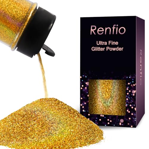 Renfio Holographic Glitzer Powder, 1.75 Oz (50g) glitzer gesicht, 1/128" 0.008" 0.2mm Ultra Fine Glitzerpulver For Garten Deko, Glitzer Basteln, Nail Powder, Body Glitzer Haare - Lasergold von Renfio