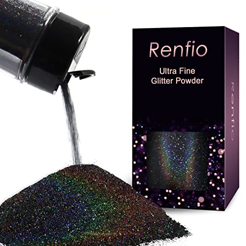 Renfio Holographic Glitzer Powder, 2.11 Oz (60g) glitzer gesicht, 1/128" 0.008" 0.2mm Ultra Fine Glitzerpulver For Garten Deko, Glitzer Basteln, Nail Powder, Body Glitzer Haare - Laser Schwarz von Renfio