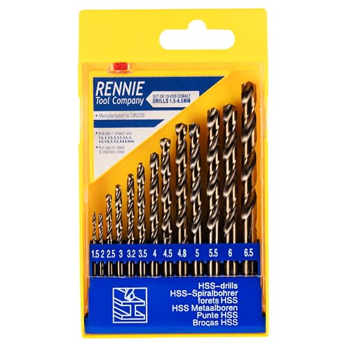 Rennie Tool Company 1,5–6,5 mm HSS Kobalt-Bohrer-Sets mit Aufbewahrungskoffer, Bohrer-Set, 13-teilig, für Edelstahl, Aluminium, Hartmetalle, Gusseisen, Kunststoff und HOL von Rennie Tool Company