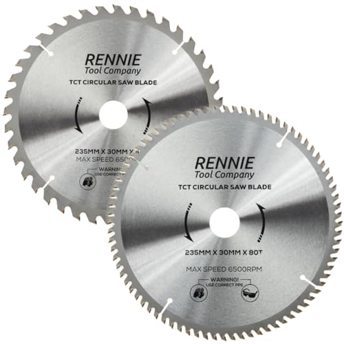 Rennie Tools Kreissägeblätter, 235 mm x 30 mm x 40T & 80T TCT Kreissägeblätter, inklusive 25 mm, 20 mm und 16 mm Bohrungsreduzierungsringen, kompatibel mit Bosch, Makita, Dewalt Kreissäge usw., 235 mm von Rennie Tool Company