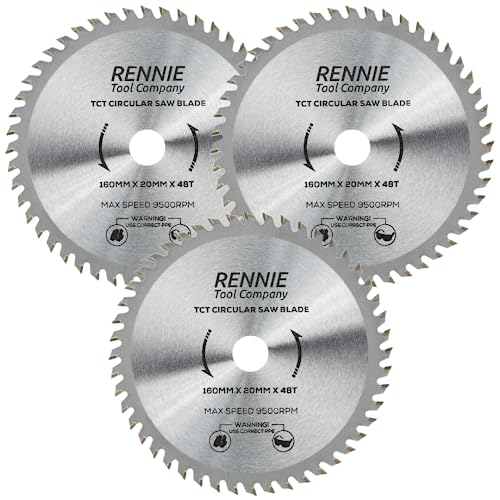 Rennie Tools Kreissägeblatt, 160 mm x 20 mm, 48 Zähne, TCT Kreissägeblatt, 3 Stück Passend für Bosch Festool TS55 Makita Ryobi Dewalt Kreissägen etc., 160 mm Kreissägeblatt, auch passend für 165 mm von Rennie Tool Company