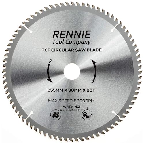 Rennie Tools Kreissägeblatt für Holz, 255 mm x 30 mm x 80 Zähne, inkl. Reduzierringe mit 25 mm, 20 mm und 16 mm Bohrung. Kompatibel mit Bosch, Makita, Dewalt Kreissägen usw. Passend für 254 mm von Rennie Tool Company