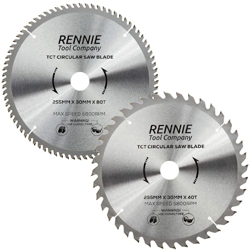 Rennie Tools Kreissägeblatt für Holz und Metall, 255 mm x 40 Zähne, 80 T x 30 mm, Bohrung, 25 mm, 20 mm und 16 mm Bohrung, 2 Stück für Kappsägen Kompatibel mit Bosch, Makita, Dewalt Kreissäge, etc von Rennie Tool Company