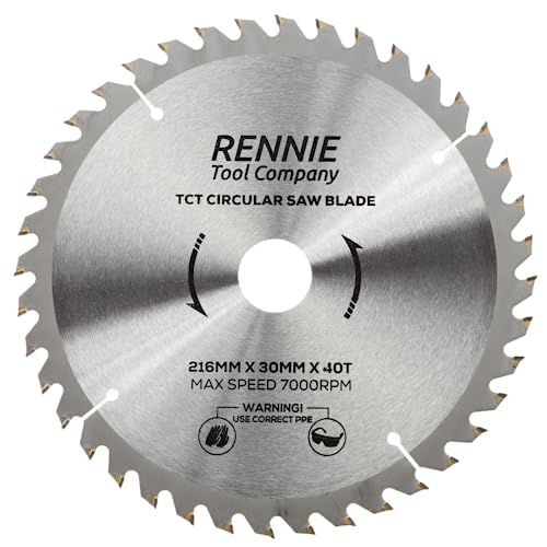 Rennie Tools TCT Kreissägeblatt, 216 mm x 30 mm x 40 Zähne, inklusive Reduzierringe für 25 mm, 20 mm und 16 mm Bohrung. Kompatibel mit Festool, Bosch, Makita, Dewalt Kreissäge, von Rennie Tool Company