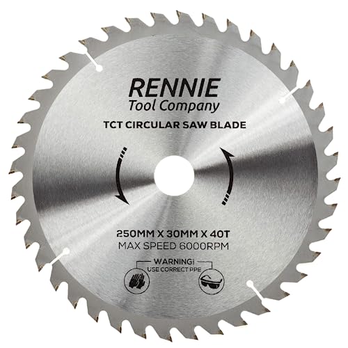 Rennie Tools TCT Kreissägeblatt, 250 mm x 30 mm x 40 Zähne, inkl. Reduzierringe für 25 mm, 20 mm und 16 mm Bohrung. Kompatibel mit Bosch, Makita, Dewalt Kreissägen usw. Passend für 255 mm Kreissägen von Rennie Tool Company