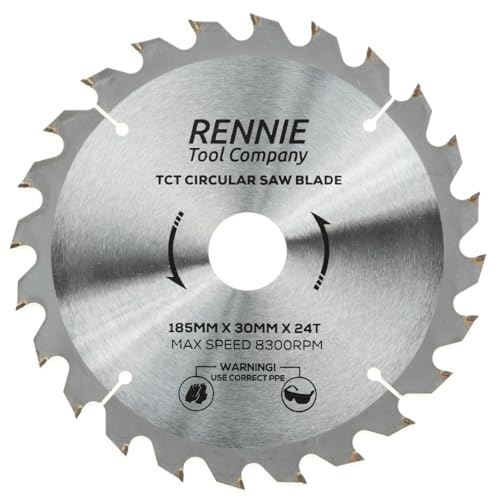 TCT-Sägeblatt, 185 mm x 24 Zähne, Kreissägeblatt für Rip Cuts x 30 mm Bohrung + 25 mm/20 mm/16 mm Bohrungsreduzierungsringe, passend für Evolution Bosch, Makita, Ryobi, Dewalt Kreissägen usw., passend von Rennie Tool Company