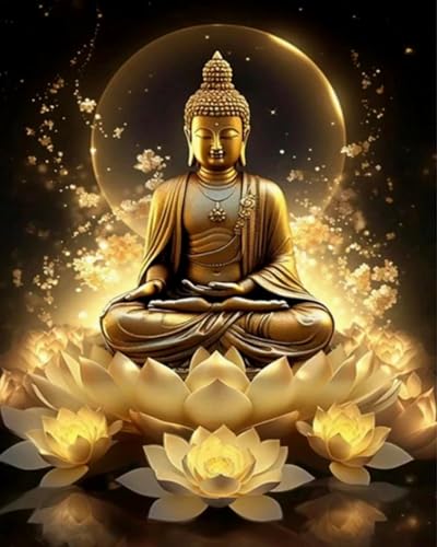 Renqidian Kreuzstich Stickpackungen Goldene Lotus-Buddha-Statue 11CT Erwachsene Sticken Set DIY Stickbilder Vorgedruckt Kreuzstich für Anfänger Home Decor （40x50cm ） von Renqidian