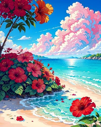 Renqidian kreuzstich set Vorgedruckt Blumen am Meer 11 CT Erwachsene Anfanger Kreuzstich Stickpackungen für Wandkunst-Heimdekoration 40x50 cm von Renqidian