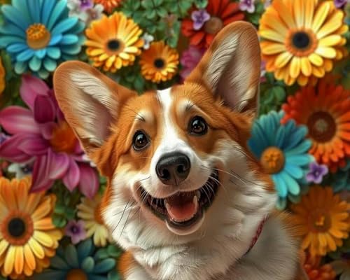 Renqidian kreuzstich set Vorgedruckt Blumencorgi 11 CT Erwachsene Anfanger Kreuzstich Stickpackungen für Wandkunst-Heimdekoration 40 × 50cm von Renqidian