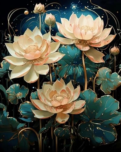 Renqidian kreuzstich set Vorgedruckt Lotus pflanzen 11 CT Erwachsene Anfanger Kreuzstich Stickpackungen für Wandkunst-Heimdekoration 40 × 50cm von Renqidian