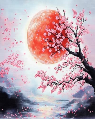 Renqidian kreuzstich set Vorgedruckt Sakura-Baummond 11 CT Erwachsene Anfanger Kreuzstich Stickpackungen für Wandkunst-Heimdekoration 40x50 cm von Renqidian