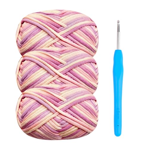 Häkelgarn Baumwolle Häkelwolle Chenille Wolle zum Häkeln 3 x 50g Häkelwolle mit Häkelnadel 4mm,Dickes Baumwoll-Nylon-Mischgarn Mix-Rosa von Renyiz