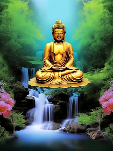 Reofrey Diamond Painting Zubehör DIY Diamantmalerei Wasserfall Buddha-Statue Bohren Voll Stickerei Strass Diamant Malerei Set Wanddekoration 40x50 cm von Reofrey