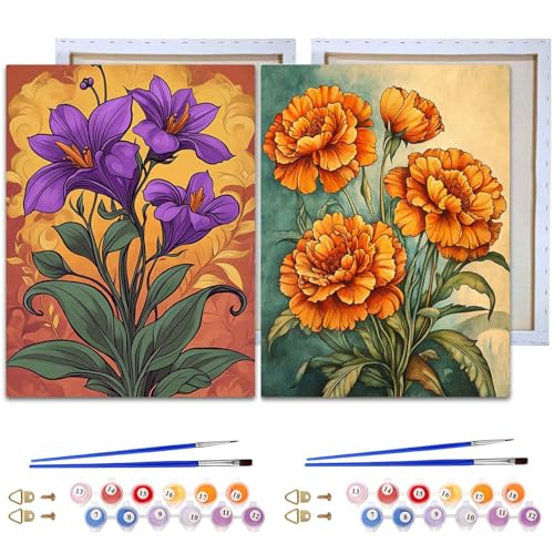 Reofrey Malen nach Zahlen Erwachsene mit Rahmen Blume- 2 Stück DIY Handbemaltes Ölgemälde Kits, Leinwand 20x30cm, mit Pinsel und Acrylfarbe - Malen nach Zahlen kinder für Anfänger & Senior von Reofrey