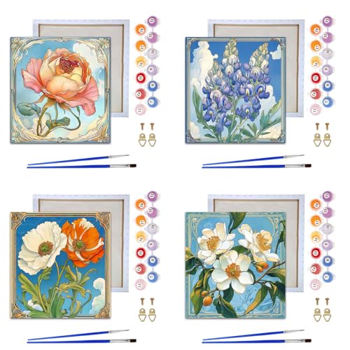 Reofrey Malen nach Zahlen Erwachsene mit Rahmen Kontinentblume- 4 Stück DIY Handbemaltes Ölgemälde Kits, Leinwand 20x20cm, mit Pinsel und Acrylfarbe - Malen nach Zahlen kinder für Anfänger & Senior von Reofrey