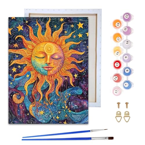 Reofrey Malen nach Zahlen Erwachsene mit Rahmen Sonne Mond - DIY Handbemaltes Ölgemälde Kits, Leinwand 20x30cm, mit Pinsel und Acrylfarbe - Malen nach Zahlen kinder für Anfänger & Senior von Reofrey