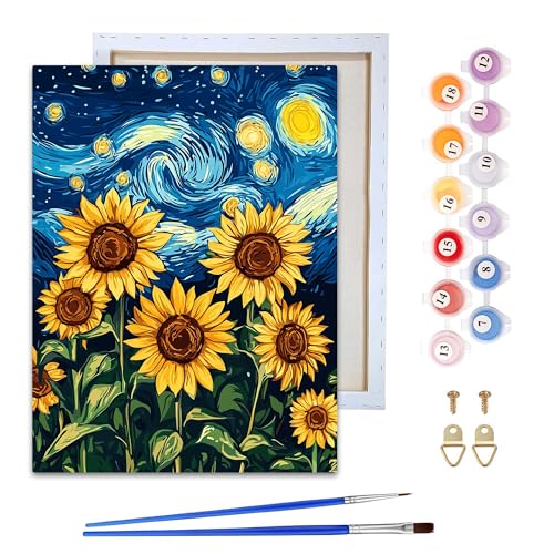 Reofrey Malen nach Zahlen Erwachsene mit Rahmen Sonnenblume- DIY Handbemaltes Ölgemälde KitsSternenhimmel, Leinwand 20x30cm, mit Pinsel und Acrylfarbe - Malen nach Zahlen kinder für Anfänger & Senior von Reofrey