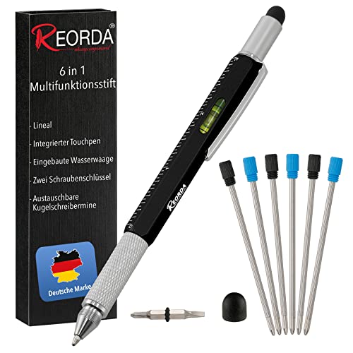 Reorda® Multifunktionsstift in Schwarz | Außergewöhnliches Geschenk für Männer | Praktischer 6-in-1 Multi Kugelschreiber als zuverlässiges Werkzeug Gadget für Ingenieure, Handwerker von Reorda