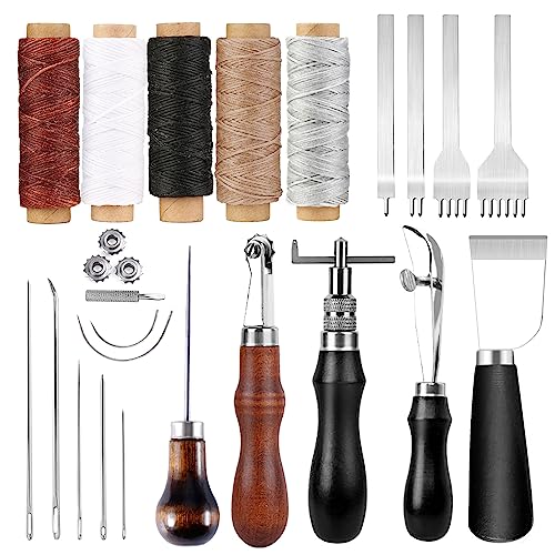 leder nähwerkzeug set leder handwerk set leder handwerk mit 5 farben wachsfaden nähnadeln leder nähnadeln leder lochmeißel schnitzmesser leder zum nähen leder von Reovin