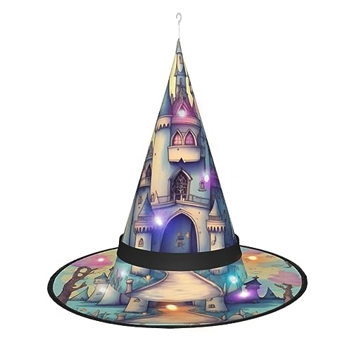 ResKiu Märchenschloss, stilvoller, bedruckter Halloween-Hexenhut mit LED-Lichtern, perfektes Kostümzubehör und Party-Dekoration von ResKiu