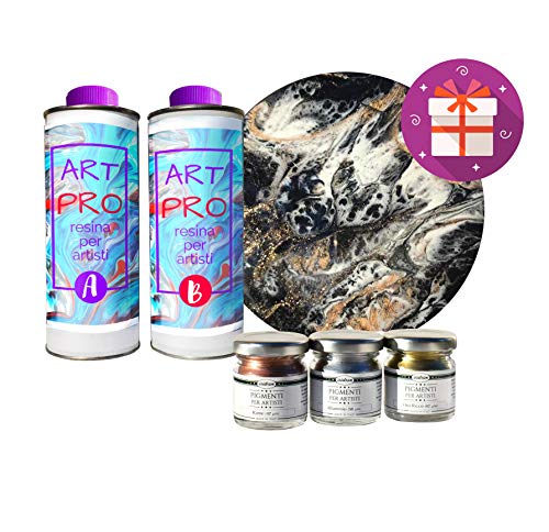 Resin Pro - MICHELANGELO SET mit Giessfarben - 1,6 KG Epoxidharz ART PRO + 3 Metallpigmente, Erstellung künstlerischer Objekte, DIY, Oberflächenbeschichtung, (inkl. Leinwand) von Resin Pro