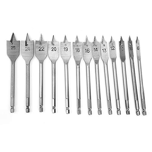 Flachbohrer-Set, 13-teilig, 1/4-Zoll-Griff, Holzbearbeitungswerkzeug, arbeitssparender Lochöffner, 6–25 mm, um präzise Löcher für Heimwerker-Heimdekoration und mehr zu schaffen von Respicefinem