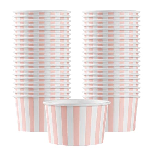 Restaurantware Coppetta Dessertbecher, 142 ml, 50 Einweg-Eisbecher, Deckel separat erhältlich, gestreift, rosa und weiß, Papier-Schalen, für heiße und kalte Speisen, perfekt für Gelato oder Mousse von Restaurantware