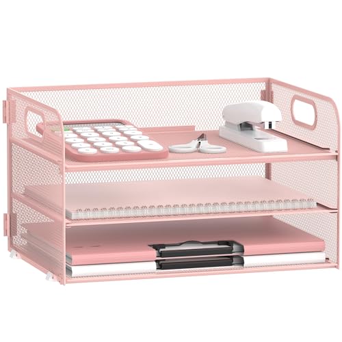 Restorgan 3 Ebenen Papier Organizer mit Griff, Mesh Schreibtisch Organizer Briefablage, Papierablage Organizer für A4 Aktenordner, Rosa von Restorgan