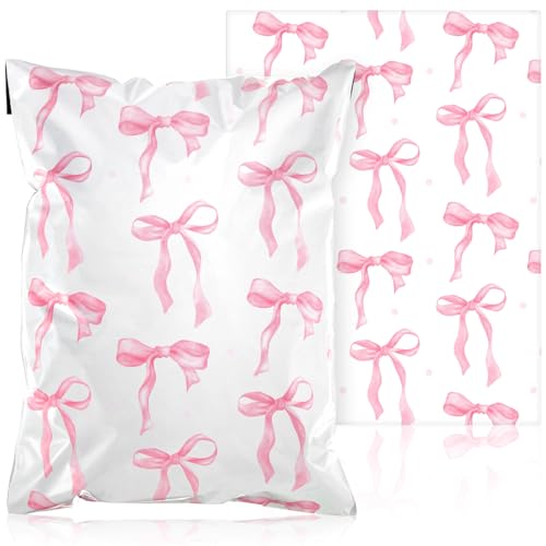 Resurhang 200 Stück rosa Schleifen-Poly-Versandtaschen, 25,4 x 33 cm, Designer-Versandtaschen, strapazierfähig, wasserdicht, selbstklebend, Versandtaschen für große Versandumschläge, Großpackung, von Resurhang