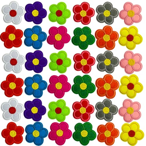 36 Stück 12 Farben Blumen zum Aufbügeln oder Aufnähen, Stickerei-Flicken mit niedlichem Blumenmuster, für Mädchen, Reparatur, Mode-Accessoires, Kollektion, Aufkleber für DIY-Kleidung, Jacken, Jeans, von Reteno