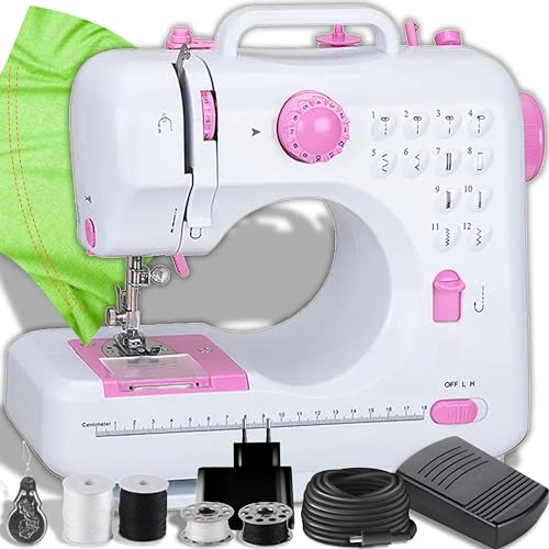 Retoo Nähmaschine Mini und LED Licht für Kinder und Anfänger 12 Stichmuster Elektronische Profi Haushaltsnähmaschine mit Fußpedal Sewing Machine Strom und Batteriebetrieb Freiarm Weiß/Rosa von Retoo