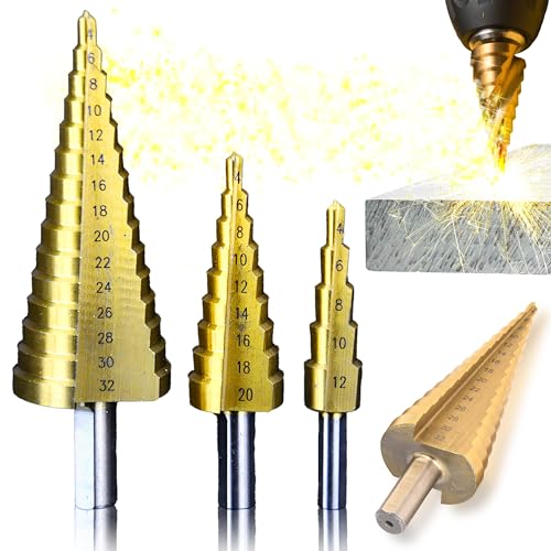 Retoo Stufenbohrer, 3-tlg Stufenbohrer Set Schälbohrersatz Exact Spiralnut Kegelbohrer 4 mm bis 12/20/32mm Titanbeschichtet Profi Metallbohrer Bohrer Satz für Metall Holz Kunststoff von Retoo