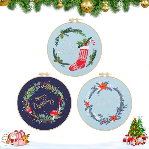 3 Set Weihnachtsstickerei Kit für Anfänger Erwachsene Vollständige Palette von gestempelten Stickerei Kits Hand Stickerei Kit mit Werkzeug-Set für Home Decoration (Blumenreife) von RevpoltIQ