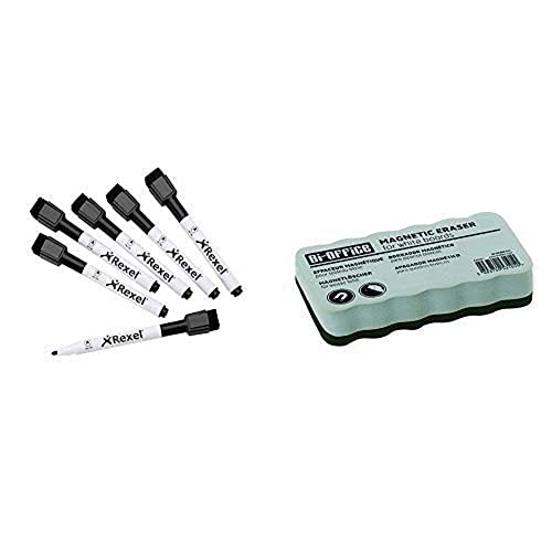 Nobo Rexel Trocken Abwischbare Mini-Marker, 2104184, schwarz & Bi-Office Whiteboardlöscher, magnetisch von Rexel