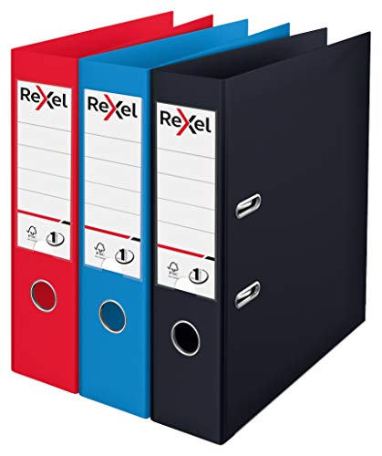 Rexel Choices A4-Aktenordner, 3er-Pack, verschiedene Farben (Schwarz, Rot, Blau), robuster Kunststoff auf Karton, patentierter Nr. 1-Verriegelungsmechanismus, austauschbare Rückenschilder, Ringbuch, von Rexel