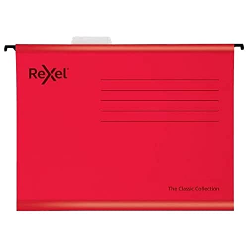 Rexel Classic Foolscap-verstärkte Hängemappen für Aktenschränke, 15 mm, V-Basis, 100% recycelter Karton, rot, 25 Stück, 2115592 von Rexel