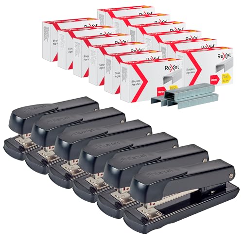 Rexel Set 6 x Heftgerät Meteor Schwarz, Kunststoff, 2100019 + 12 x 1000 Rexel Heftklammern 26/6 verzinkt R06131 von Rexel