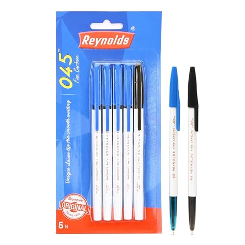 Reynolds 045 Kugelschreiber-Set, 5 Stifte (4 x Blau, 1 x Schwarz) | Stifte mit komfortablem Griff | Kugelschreiber zum Schreiben | Stift für Studenten & Bürobedarf | 0,7 mm Spitzengröße von Reynolds