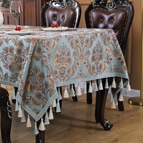 Reyox Tischdecke Bestickte Jacquard mit Quaste, Abwaschbar Tischtuch für Wohnzimmer, Esszimmer, Balkon, Garten Blau 150 x 250 cm Rechteckig von Reyox