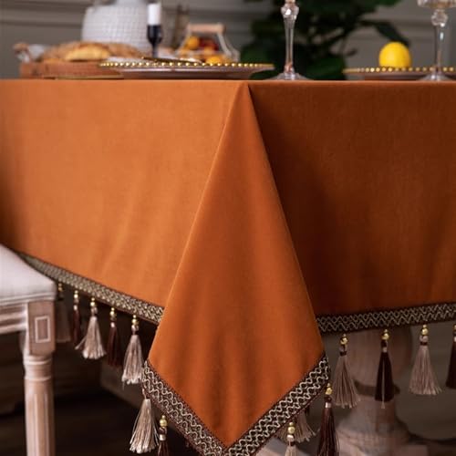 Reyox Tischdecke Samt mit Quaste, Abwaschbar Tischtuch für Wohnzimmer, Esszimmer, Balkon, Garten Orange 135 x 220 cm Rechteckig von Reyox