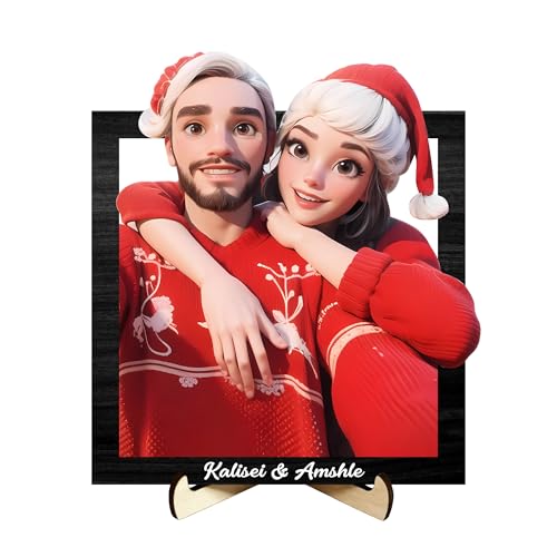 Personalisierte 3D Cartoon Stil Foto Holz Fotorahmen Zeichen, benutzerdefinierte Familie Foto 3D Cartoon Portrait Geschenk Karikatur Bilderrahmen, Hochzeitstag Weihnachtspaar Geschenk für ih (style08) von Reyrijf