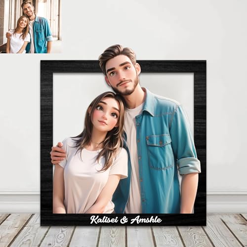 Personalisierte 3D Cartoon Stil Foto Holz Fotorahmen Zeichen, benutzerdefinierte Familie Foto 3D Cartoon Portrait Geschenk Karikatur Bilderrahmen, Hochzeitstag Weihnachtspaar Geschenk für ih (style03) von Reyrijf