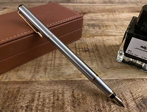 Jinhao Baoer 801 Luxus-Füllfederhalter-Schreibset aus Edelstahl – Stift + 5 blaue Patronen ... (blaue Tintenpatronen, Stift im Stil Baoer 801) von Rhapsody