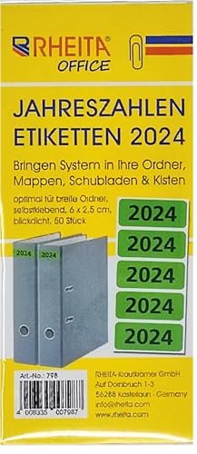 Jahreszahlen 2024, 50 Stück im Beutel für breite Ordner, selbstklebnd, 6 x 2,5cm von Rheita