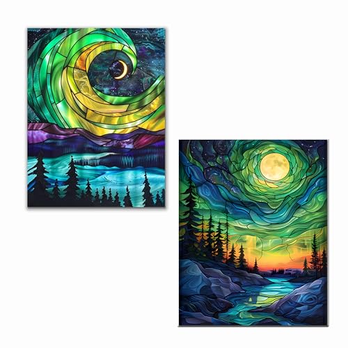 Rheskbecy 2 Pack Diamond Painting Set, 5D Diamant Painting Erwachsene, Glasmalerei Stil Landschaft Malerei Full Mosaikherstellung für Home Wand Décor Geschenke 30x40cm von Rheskbecy