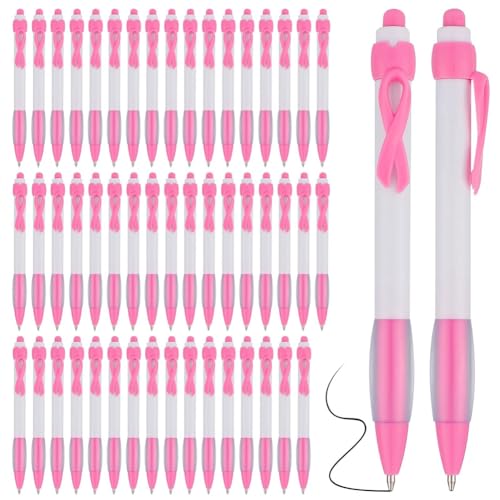 Rhghfujhgy 50 Stück Pink Ribbon Pens Bulk, Schwarze Tinte, Einziehbare Kugelschreiber für Bürobedarf, Frauen, Mädchen, Geschenk, Langlebig, Einfach zu Bedienen von Rhghfujhgy