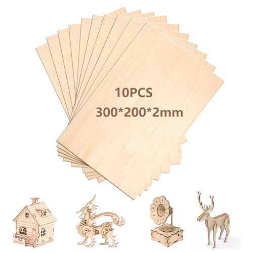 Rhimooay 10 Stück 2mm Lindensperrholz zum Laserschneiden, Sperrholz Holzplatte, Spanplatte, Holzplatten zum Gravur- und DIY-Projekte, Sperrholzplatte für Gemälde, Holzprojekte und Gravuren (30x20cm) von Rhimooay