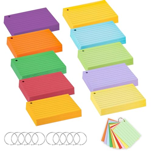 Rhimooay 500 Stück Karteikarten A7, 10 Farben Linierte Karteikarte, 160g/m² Karteikarten Groß, Vokabelkarten Lernkarten Flashcards mit 10 Binderinge für Unterwegs Vokabel Lernen von Rhimooay