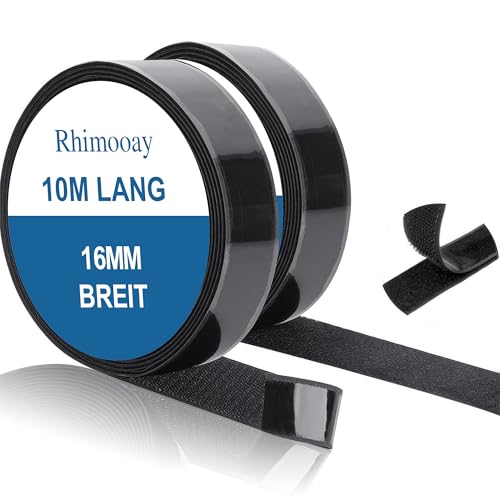 Rhimooay 10 Meter Klettband Selbstklebend Extra Stark, Doppelseitig Klebende mit Klettverschluss, Selbstklebendes Klebepad Flauschband und Hakenband, 16mm Breit, Schwarz von Rhimooay