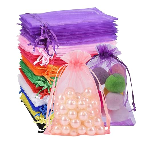 Rhimooay 100 Stück Organzasäckchen 10x15cm, Organza Säckchen Bunt, Säckchen zum Befüllen, Organzabeutel mit Kordelzug für Schmuckbeutel, Hochzeit-Säckchen, Festivalparty (10 Farbig) von Rhimooay